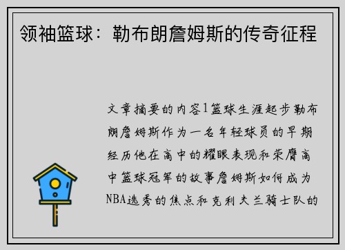 领袖篮球：勒布朗詹姆斯的传奇征程
